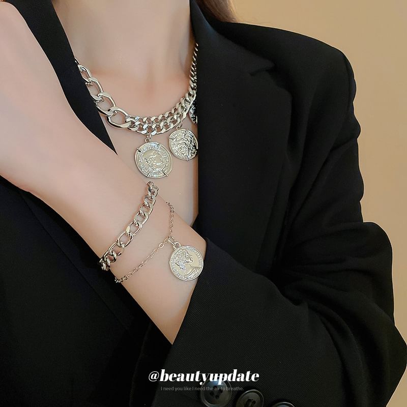 / Alloy Coin Pendant Necklace Layered Bracelet FashionChic