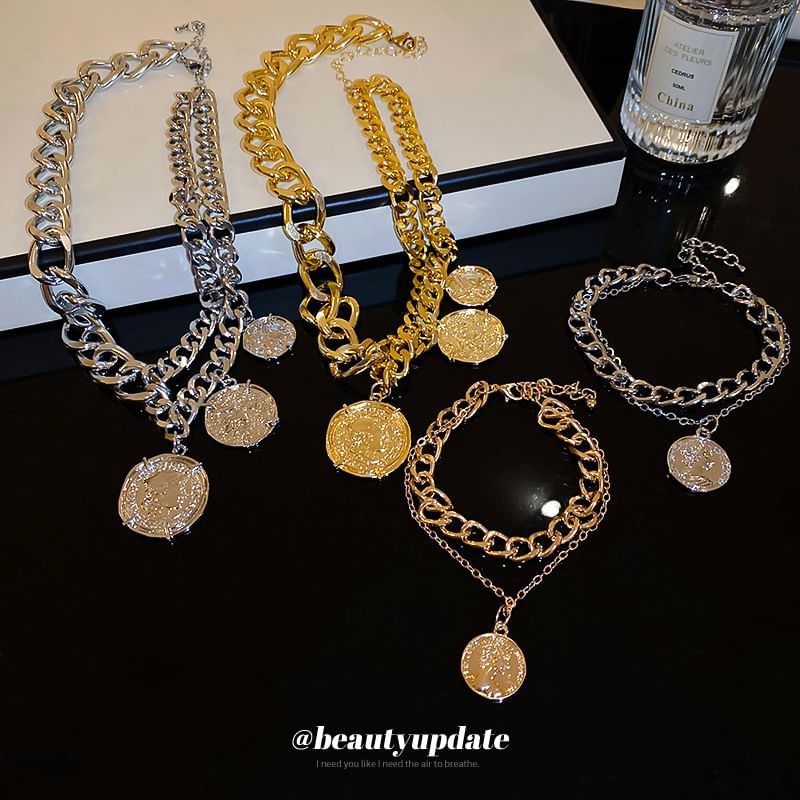 / Alloy Coin Pendant Necklace Layered Bracelet FashionChic