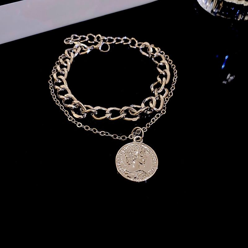 / Alloy Coin Pendant Necklace Layered Bracelet FashionChic
