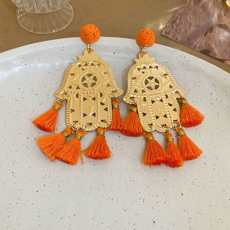 / Earring Droplet Hamsa Alloy Hand Chandelier Tassel FashionChic