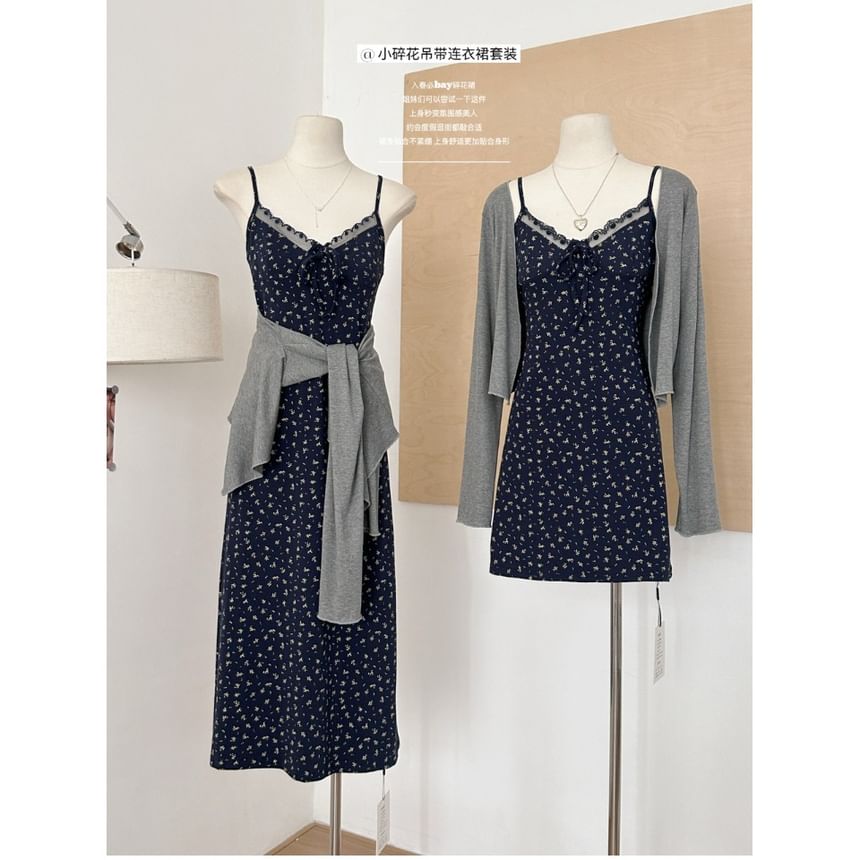 Strap Dress Floral Set: V-Neck (Various Lace Plain Spaghetti Cardigan Designs) Front Trim A-Line Open Print + FashionChic