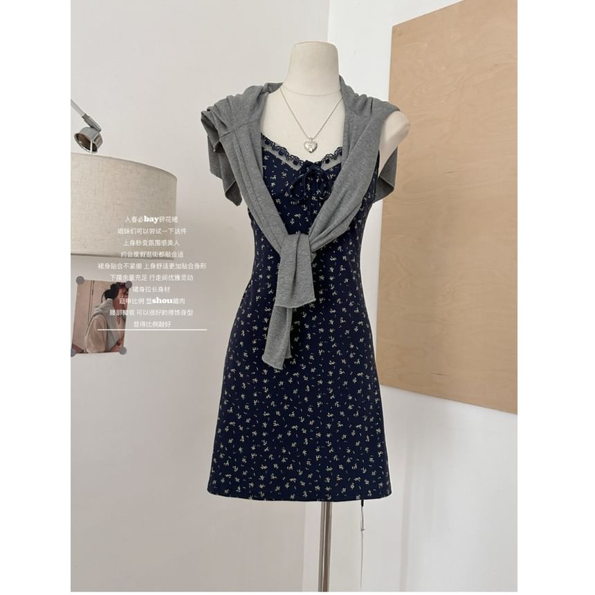 Strap Dress Floral Set: V-Neck (Various Lace Plain Spaghetti Cardigan Designs) Front Trim A-Line Open Print + FashionChic