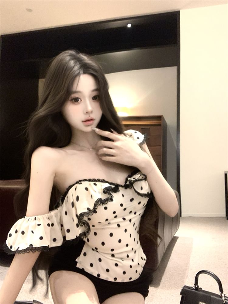 Tank Maxi Cap-Sleeve Lace Top Fit Sheath / Ruffle Dotted Slim Trim Dress FashionChic