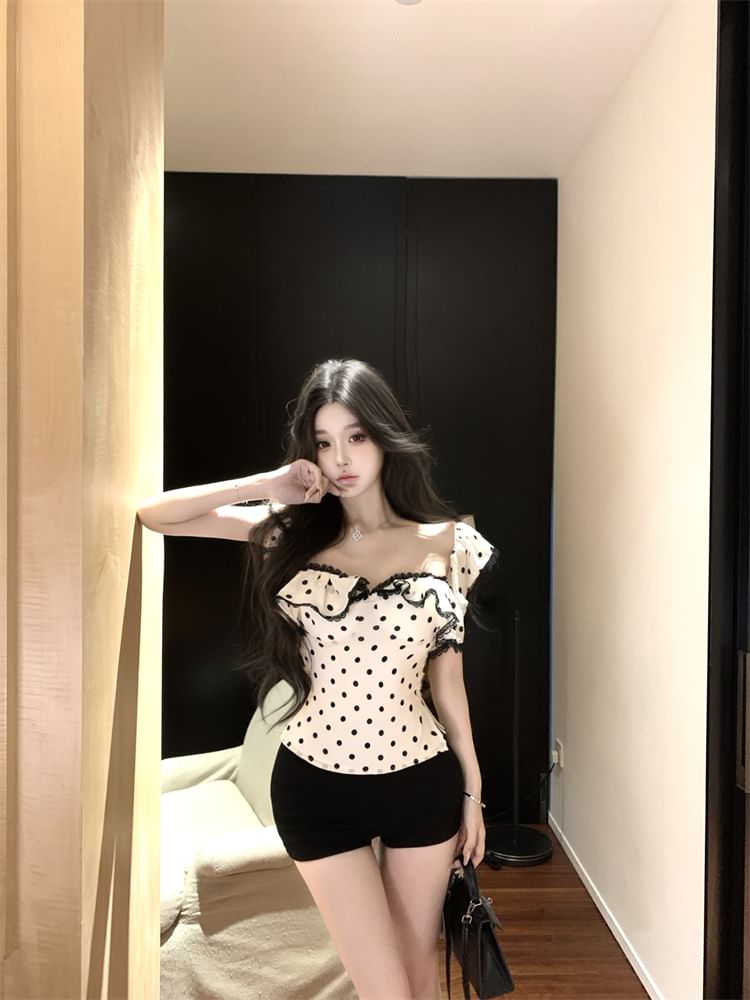 Tank Maxi Cap-Sleeve Lace Top Fit Sheath / Ruffle Dotted Slim Trim Dress FashionChic