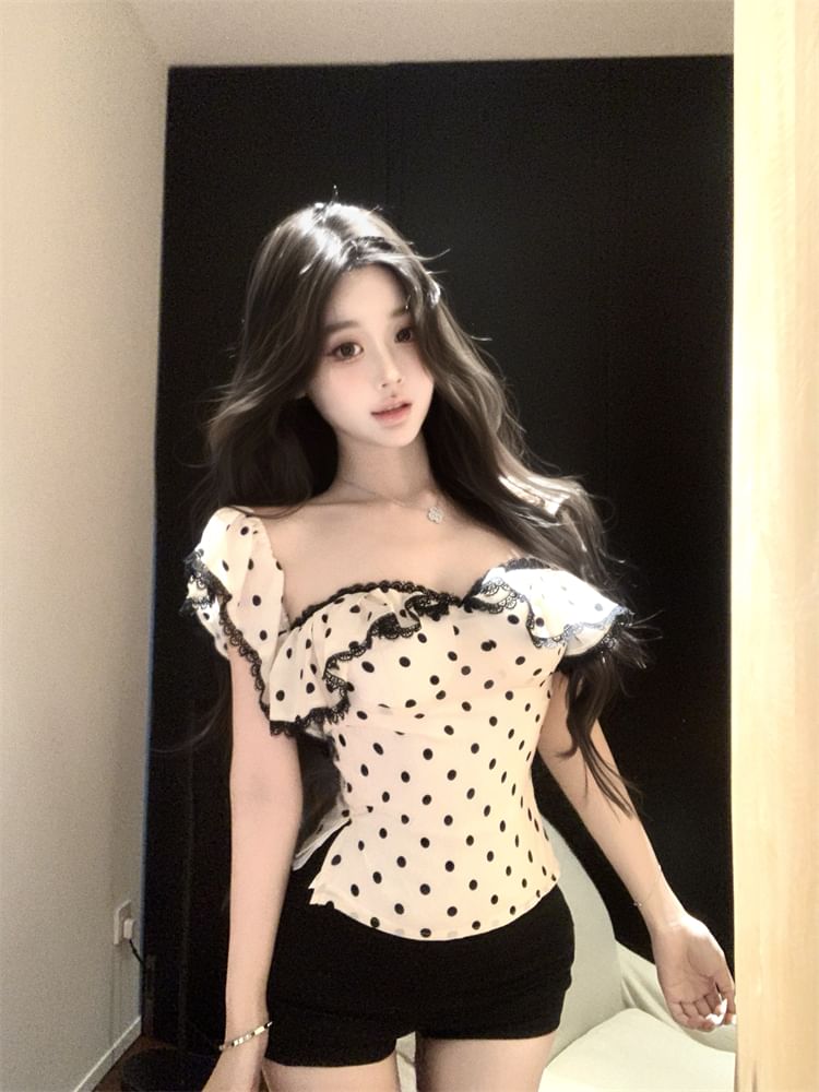 Tank Maxi Cap-Sleeve Lace Top Fit Sheath / Ruffle Dotted Slim Trim Dress FashionChic