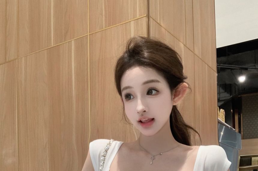 Short-Sleeve / Loose Drawstring Striped Trim Off-Shoulder Crop Pants Waist Tee Plain Fit FashionChic