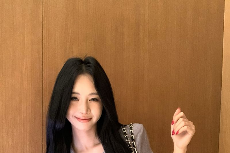 Collared Fit Short-Sleeve / Slim Pants High Plain Half-Buttoned Tee Waist Hot FashionChic