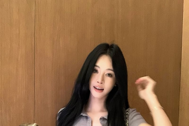 Collared Fit Short-Sleeve / Slim Pants High Plain Half-Buttoned Tee Waist Hot FashionChic