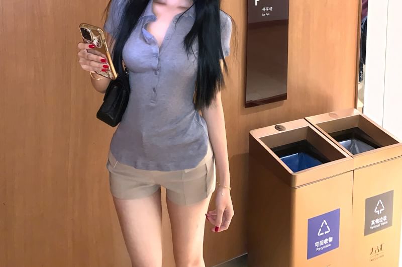 Collared Fit Short-Sleeve / Slim Pants High Plain Half-Buttoned Tee Waist Hot FashionChic