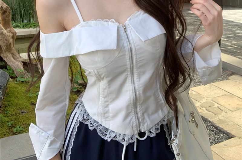 Fit Waist Drawstring Pants Trim Crop Blouse Shoulder Cold Loose Lace Striped / Zip-Up Long-Sleeve FashionChic