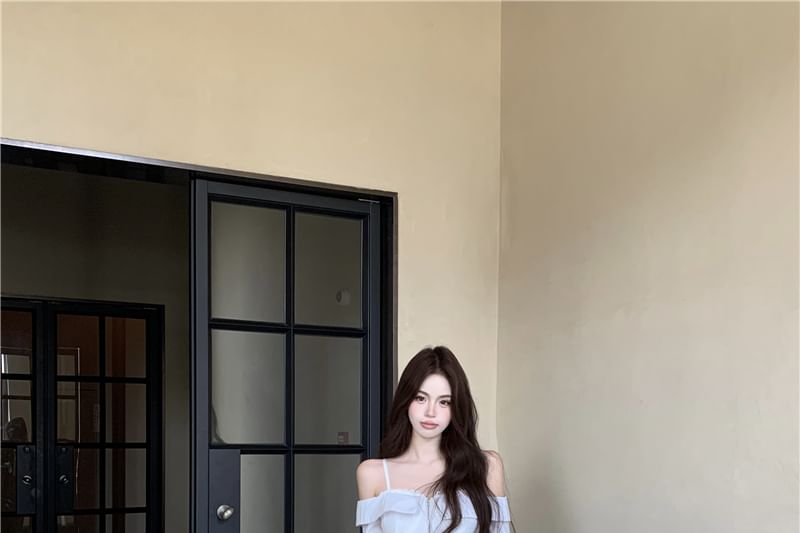 Fit Waist Drawstring Pants Trim Crop Blouse Shoulder Cold Loose Lace Striped / Zip-Up Long-Sleeve FashionChic