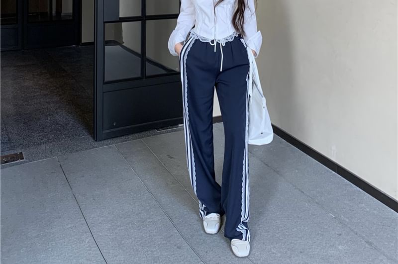 Fit Waist Drawstring Pants Trim Crop Blouse Shoulder Cold Loose Lace Striped / Zip-Up Long-Sleeve FashionChic