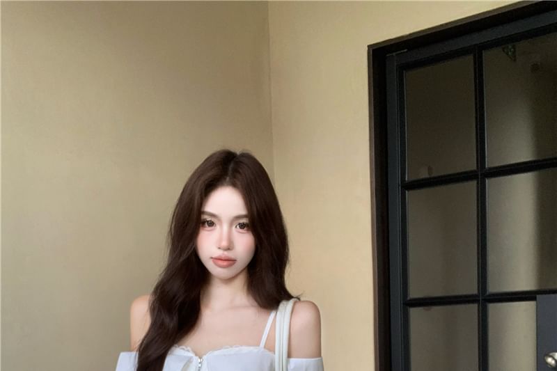 Fit Waist Drawstring Pants Trim Crop Blouse Shoulder Cold Loose Lace Striped / Zip-Up Long-Sleeve FashionChic