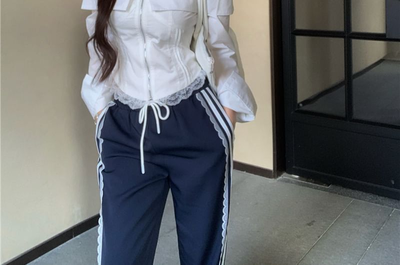 Fit Waist Drawstring Pants Trim Crop Blouse Shoulder Cold Loose Lace Striped / Zip-Up Long-Sleeve FashionChic