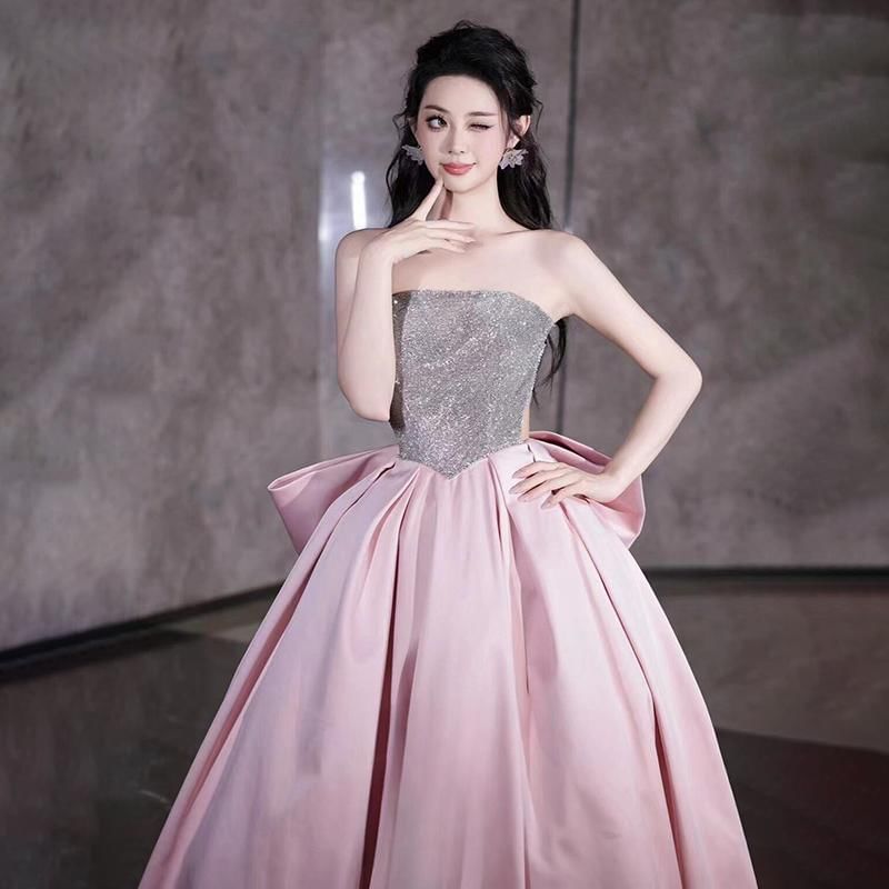 Strapless Gown Back Ball Sequin Bow Panel FashionChic