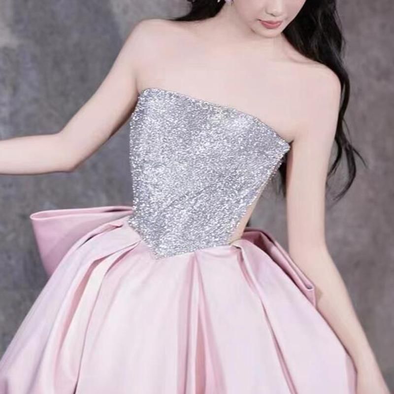 Strapless Gown Back Ball Sequin Bow Panel FashionChic