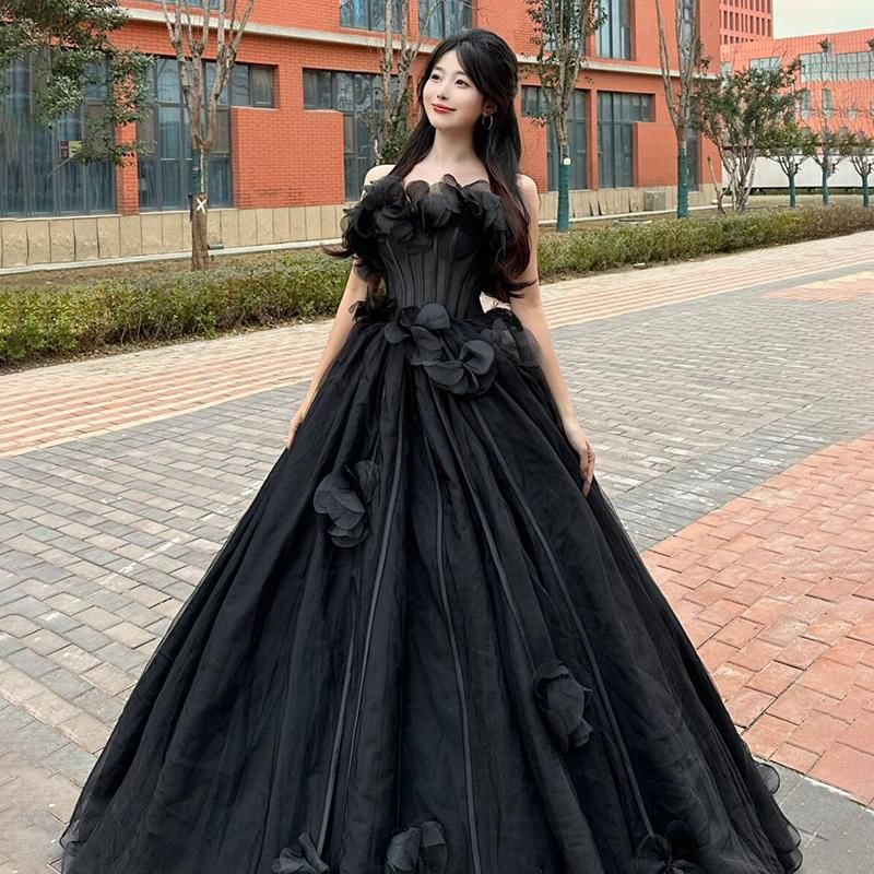 Strapless Plain Floral Accent Ball Gown FashionChic