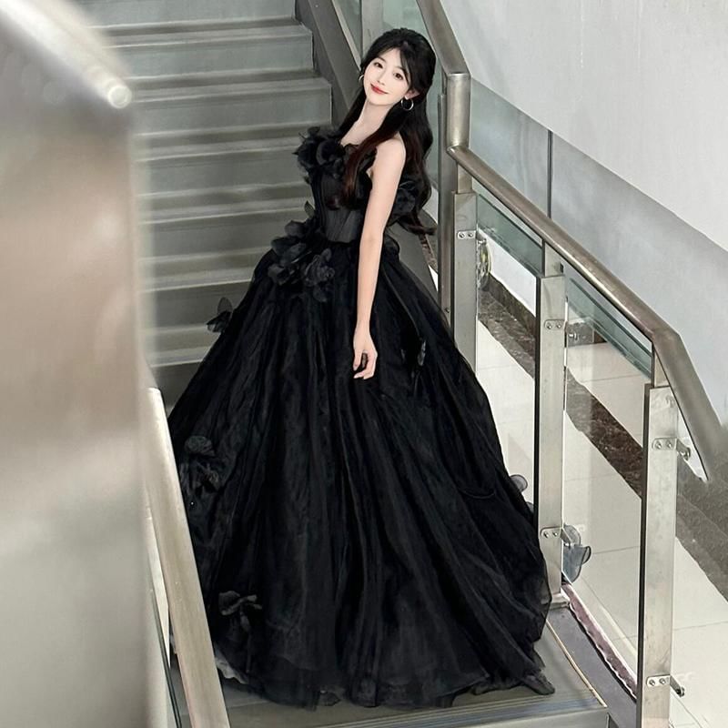 Strapless Plain Floral Accent Ball Gown FashionChic