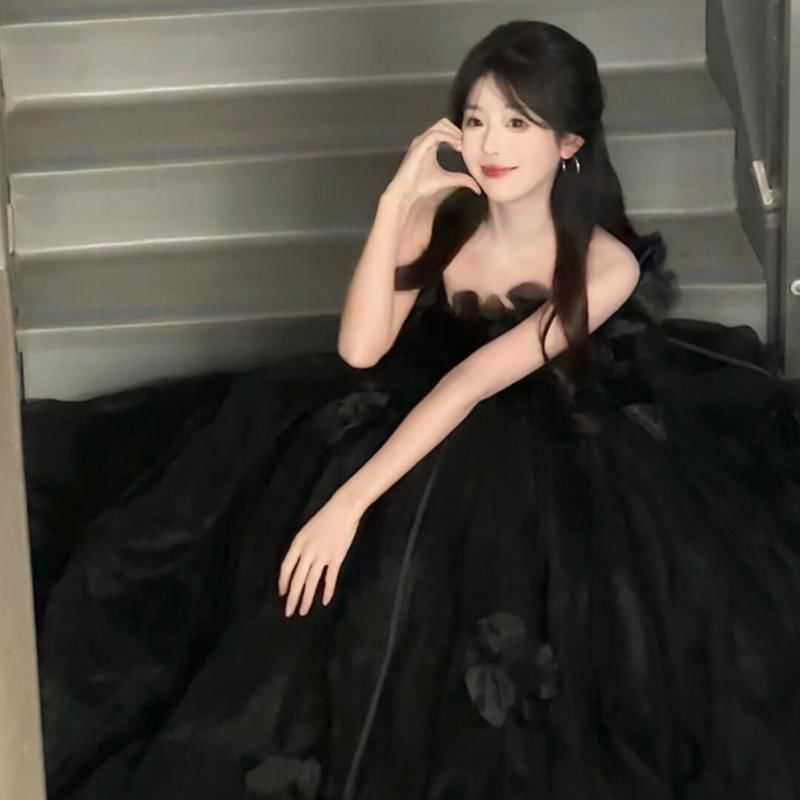 Strapless Plain Floral Accent Ball Gown FashionChic