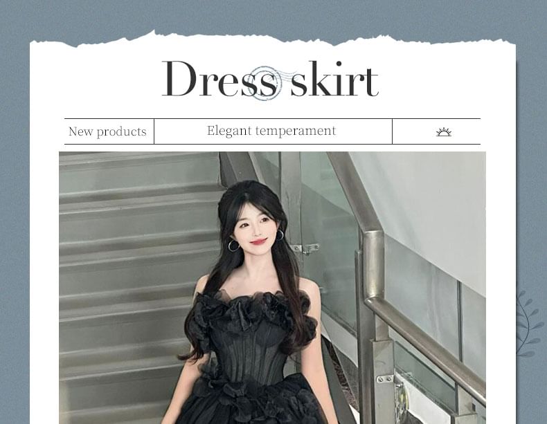 Strapless Plain Floral Accent Ball Gown FashionChic