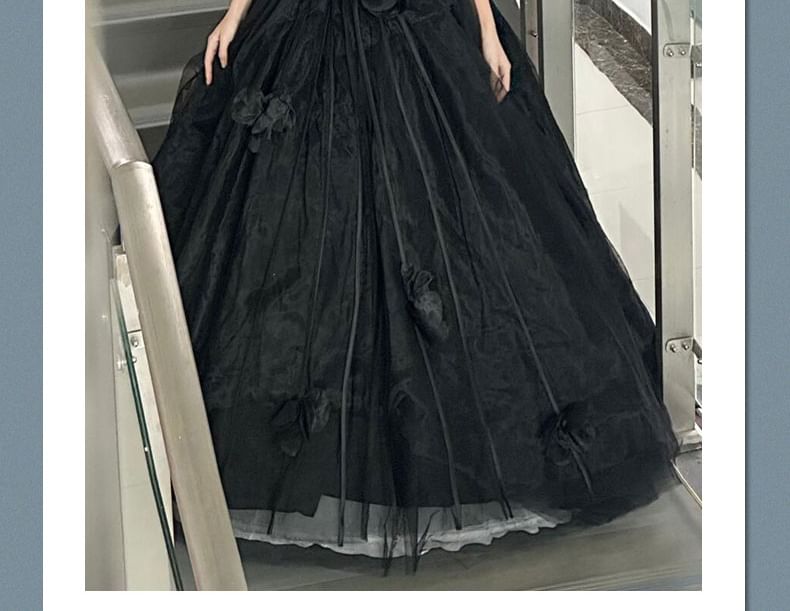 Strapless Plain Floral Accent Ball Gown FashionChic