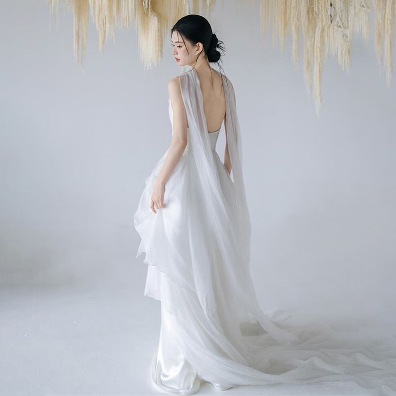 + Panel Scarf Set: Wedding Plain Gown A-Line Mesh Strapless FashionChic