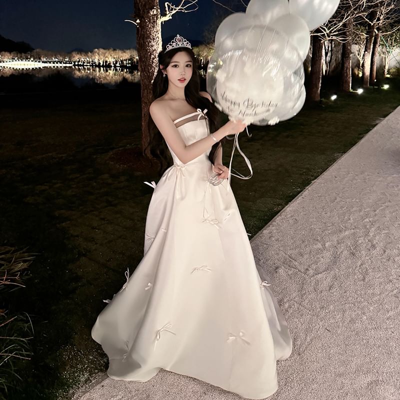 Strapless Plain Bow Accent Satin A-Line Wedding Gown FashionChic