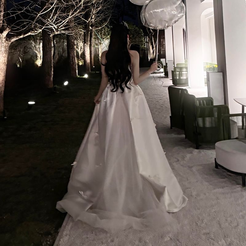 Strapless Plain Bow Accent Satin A-Line Wedding Gown FashionChic