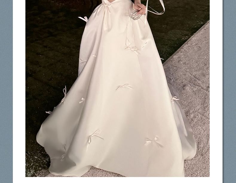 Strapless Plain Bow Accent Satin A-Line Wedding Gown FashionChic