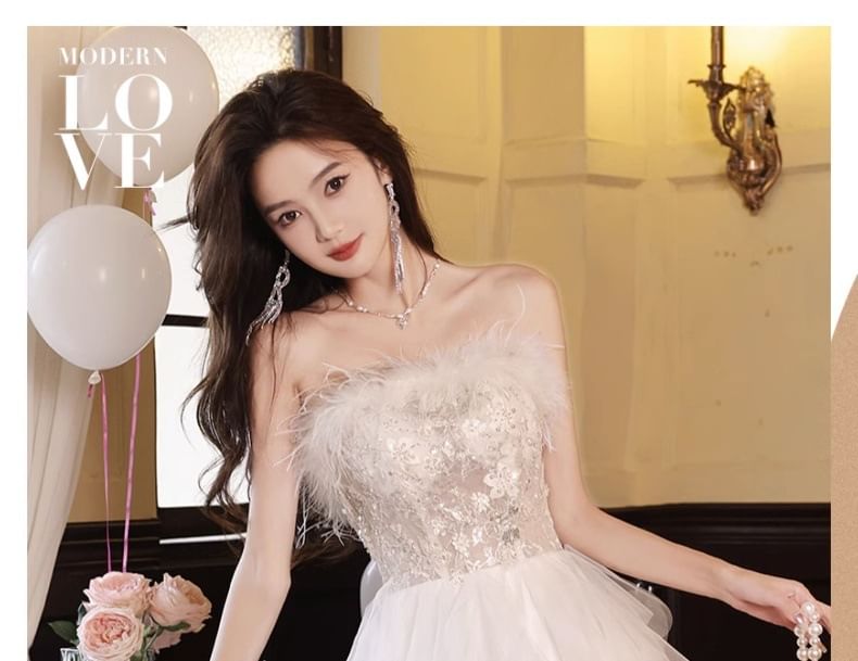 Strapless Gown Asymmetrical Mesh Evening Fluffy A-Line FashionChic