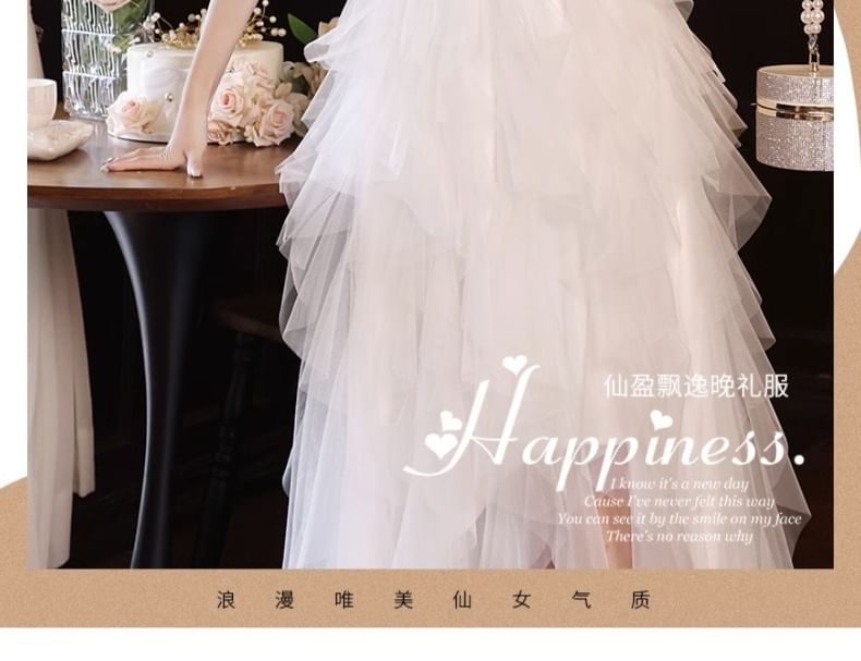 Strapless Gown Asymmetrical Mesh Evening Fluffy A-Line FashionChic