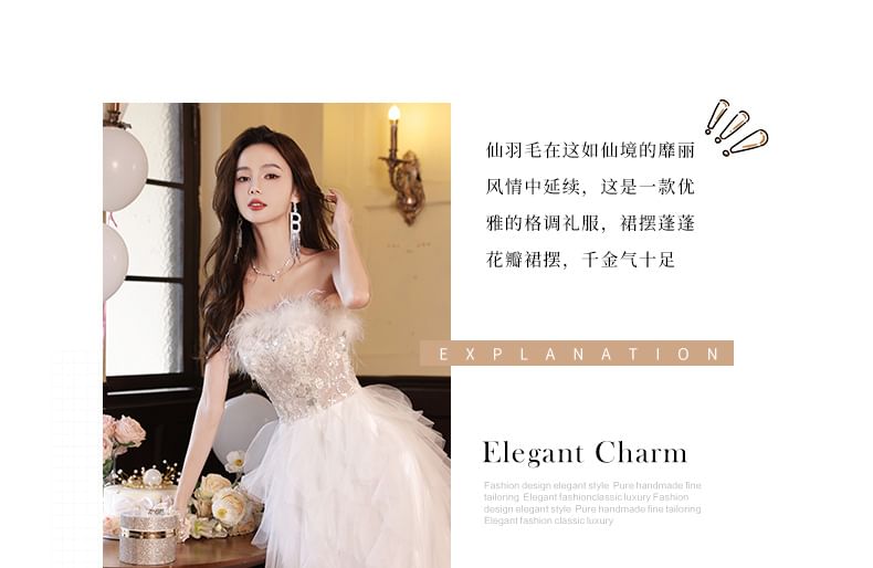 Strapless Gown Asymmetrical Mesh Evening Fluffy A-Line FashionChic