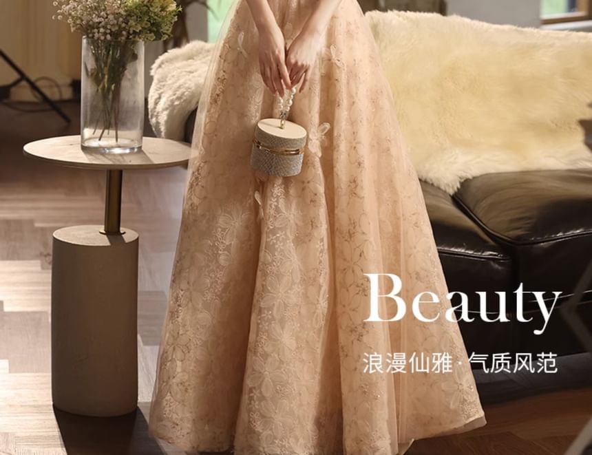 Strap Wide A-Line Evening Gown Floral FashionChic