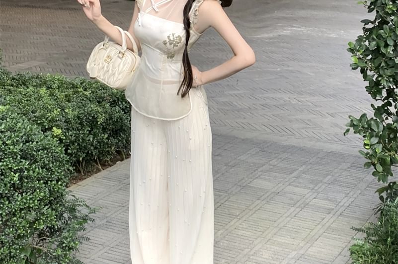 High Rise Cap-Sleeve Buttoned Wide Set Collar Leg Floral Plain Crop Frog Tube Slit Stand Embroidered Pants / Top FashionChic