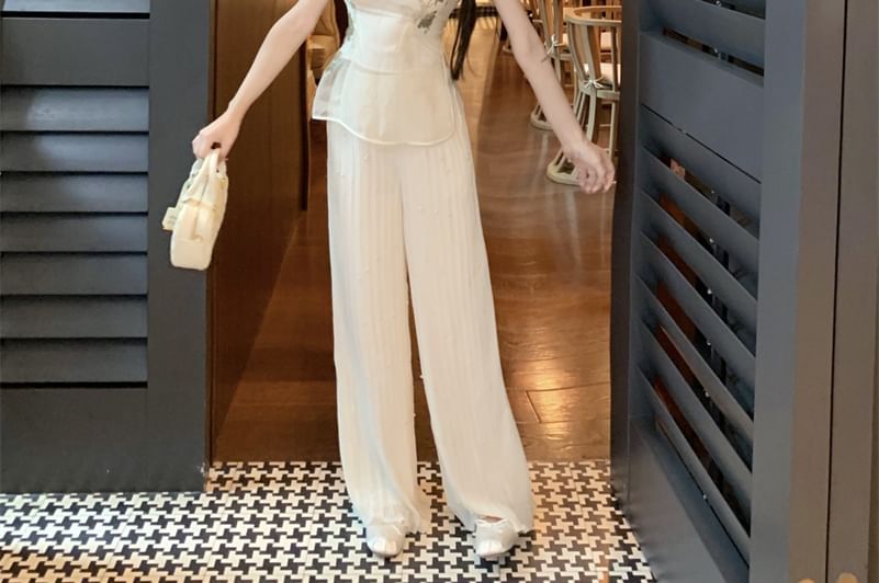 High Rise Cap-Sleeve Buttoned Wide Set Collar Leg Floral Plain Crop Frog Tube Slit Stand Embroidered Pants / Top FashionChic