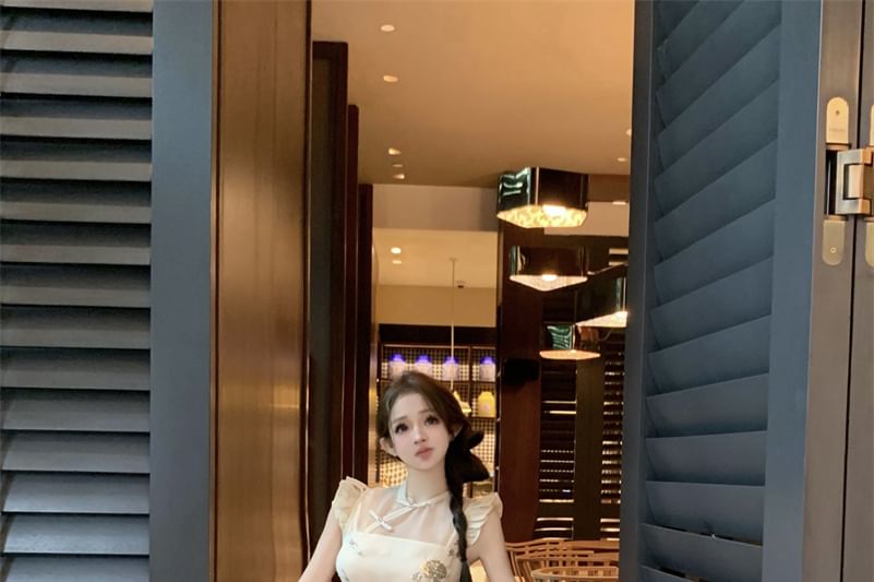 High Rise Cap-Sleeve Buttoned Wide Set Collar Leg Floral Plain Crop Frog Tube Slit Stand Embroidered Pants / Top FashionChic