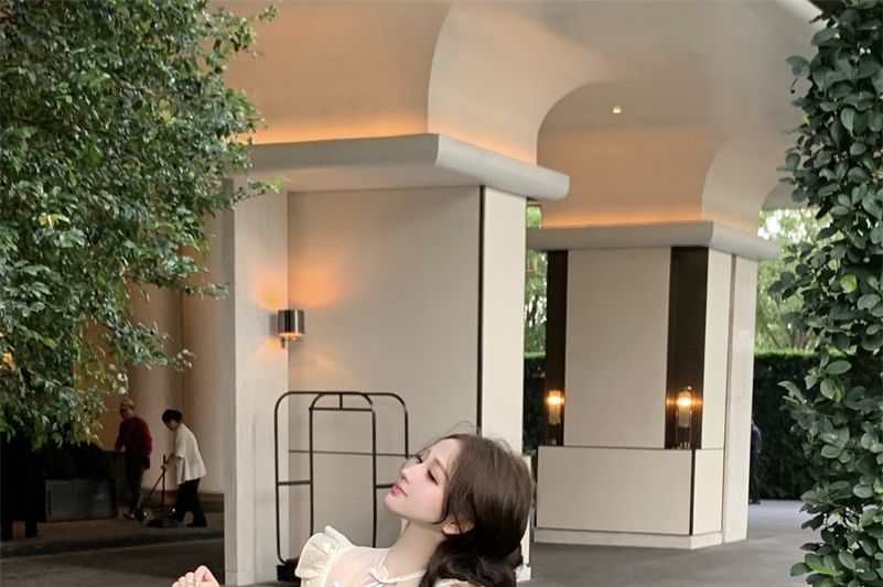 High Rise Cap-Sleeve Buttoned Wide Set Collar Leg Floral Plain Crop Frog Tube Slit Stand Embroidered Pants / Top FashionChic