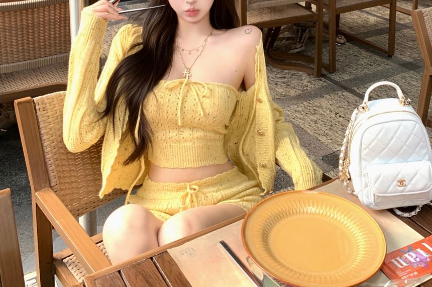 Waist Tie Speckle Pants Tube Knit / Hot Top Crop Perforated Cardigan Drawstring Front FashionChic