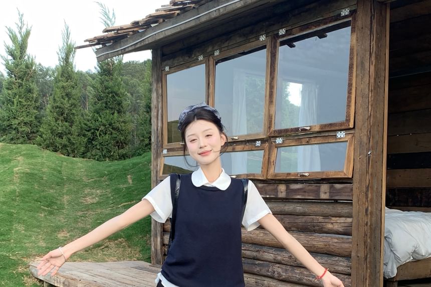 / Collared Skirt Waist Neck Shirt Vest Sleeve A-Line Plain Mini High Short Round Sweater FashionChic