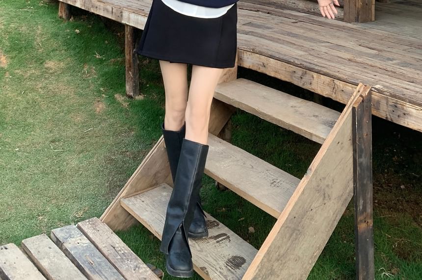 / Collared Skirt Waist Neck Shirt Vest Sleeve A-Line Plain Mini High Short Round Sweater FashionChic