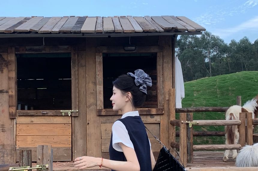 / Collared Skirt Waist Neck Shirt Vest Sleeve A-Line Plain Mini High Short Round Sweater FashionChic