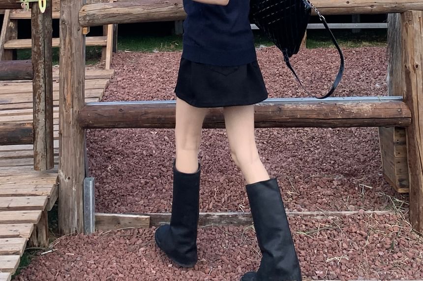 / Collared Skirt Waist Neck Shirt Vest Sleeve A-Line Plain Mini High Short Round Sweater FashionChic