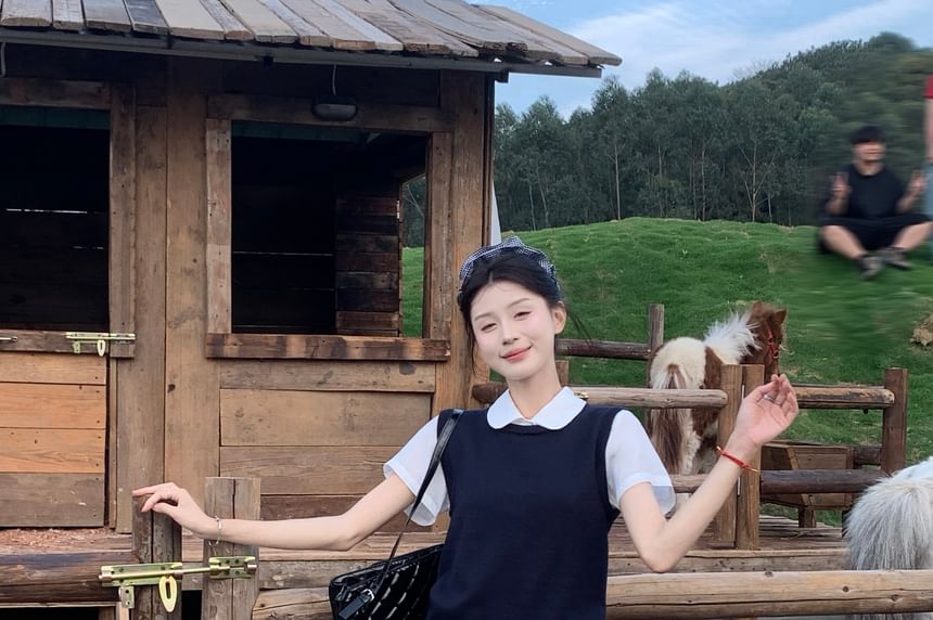 / Collared Skirt Waist Neck Shirt Vest Sleeve A-Line Plain Mini High Short Round Sweater FashionChic