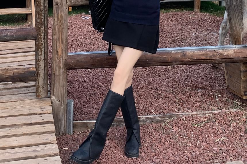 / Collared Skirt Waist Neck Shirt Vest Sleeve A-Line Plain Mini High Short Round Sweater FashionChic