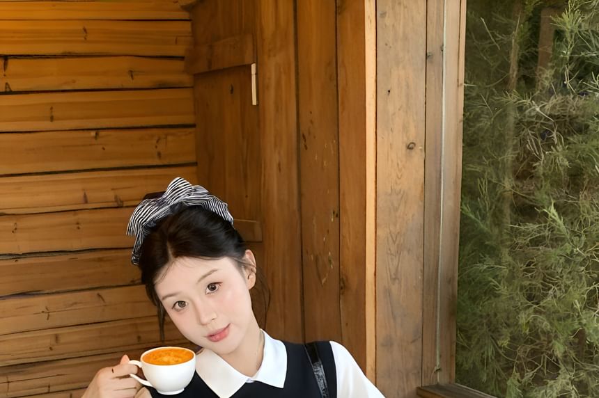 / Collared Skirt Waist Neck Shirt Vest Sleeve A-Line Plain Mini High Short Round Sweater FashionChic