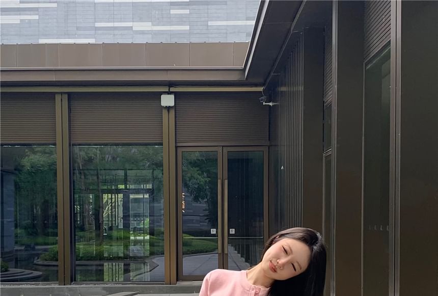 Round Plain Top Shorts Padded Neck Camisole Lace Sweat Waist / Cardigan V-Neck Panel High FashionChic