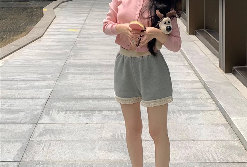 Round Plain Top Shorts Padded Neck Camisole Lace Sweat Waist / Cardigan V-Neck Panel High FashionChic