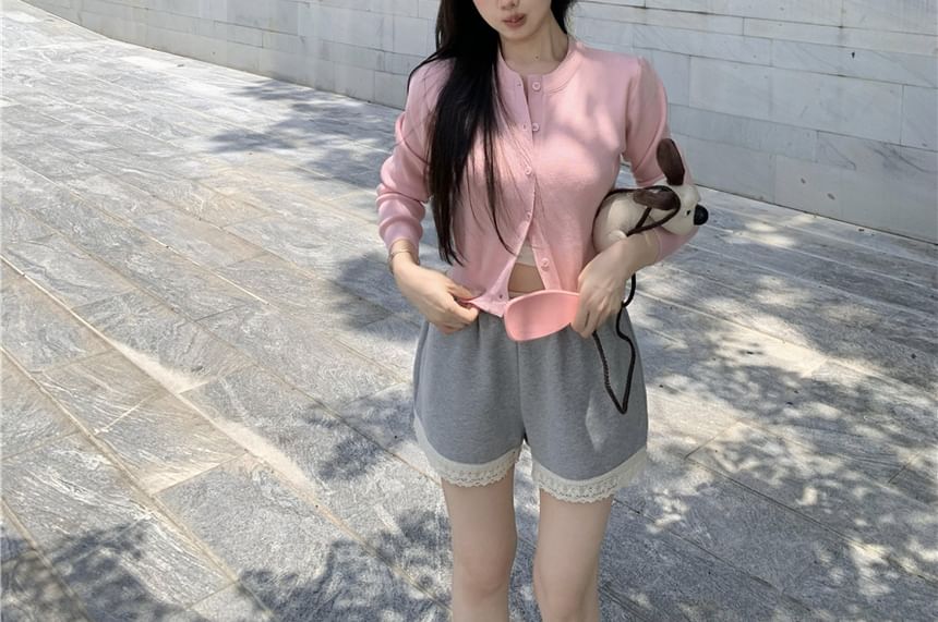 Round Plain Top Shorts Padded Neck Camisole Lace Sweat Waist / Cardigan V-Neck Panel High FashionChic