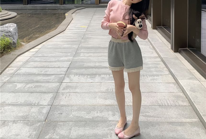 Round Plain Top Shorts Padded Neck Camisole Lace Sweat Waist / Cardigan V-Neck Panel High FashionChic