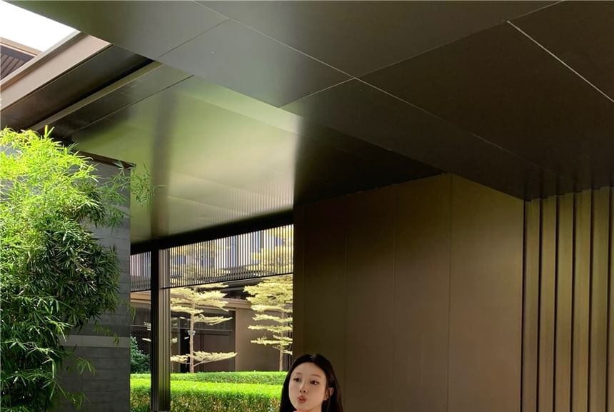 Round Plain Top Shorts Padded Neck Camisole Lace Sweat Waist / Cardigan V-Neck Panel High FashionChic